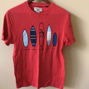 Red Graphic T-Shirt with Surfboard Design